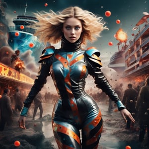 cinematic film still BEST QUALITY,REALISTIC,MASTERPIECE,humanoid photo of gorgeous blond young female warrior flying in flight suit,full body,tsunami crashing into city,((cruise ship crashed into city by tsunami)). shallow depth of field, viabstract perspective, extreme angle, papercut collage foreground, surreal harlequin dancing in a ukiyo-e scene, covered in war paint, wearing a leather dress in hunter druid aesthetic, vivid gooey hair in glowing glass aesthetic, reflective wet skin, background, surreal renaissance circus scene with animals in neon color all around, exploding cell shading, glowing color exploding cell shading, Voronoi diagrams sparkling lighting, jellyfishes glowing in neon colors, Digital painting, abstract, hyper realism, ultra realistic, dslr.gnette, highly detailed, high budget, bokeh, cinemascope, moody, epic, gorgeous, film grain, grainy.
