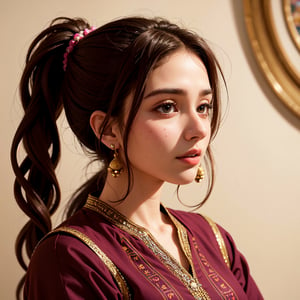 Portrait, photograph, delicate features, beautiful face, Shalwar Kameez, dreadlocked hair, long bangs, long ponytail, bright brown eyes