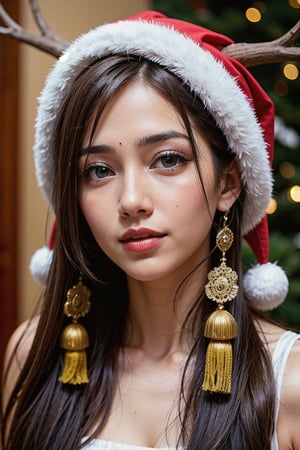 Protrait, photograph, oval jaw, delicate features, beautiful face, lips, dreadlocked hair, long bangs, christmas deer hat,  long ponytail, bright blue-green eyes, hindu art, Korean