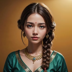 Protrait, photograph, oval jaw, delicate features, beautiful face, dreadlocked hair, long bangs, long ponytail, bright blue-green eyes, hindu art, Korean