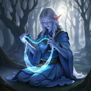 A mystical elf, ethereal and graceful, sits in a moonlit forest, playing a shimmering magic harp. The harp's strings glow with a soft, otherworldly light, casting enchanting patterns on the surrounding ancient trees. The elf's eyes are closed, lost in the melody, with long, flowing hair and delicate features illuminated by the silvery moonlight. The forest is dense, with mist swirling around the base of the trees, enhancing the magical atmosphere. The composition focuses on the elf, with the harp and forest as a beautifully lit backdrop.