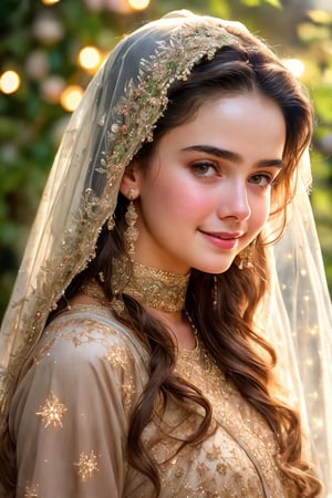 extreme closeup photo, , Raw, photorealistic, real, perfect skin, realistic photo of a 16-year-old girl with an extremely innocent face, divine eyes, resembling Jennifer Connelly and Ana de Armas, smooth hair, brown  tresses,   shy, embodying a gentle love goddess,   wearing full covered islamic blouse,  l in a garden, morning, cheerful, smiling, happy, surrounded by fairy lights, looking up, a phenomenal image of sharp, perfect quality,   captured in beautyniji style.,Photorealistic,Beautiful woman 