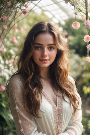  Raw, photorealistic, real, perfect skin, realistic photo of a 18-year-old girl with an extremely innocent face, divine eyes, resembling  Ana de Armas, smooth hair, brown  tresses,   shy, embodying a gentle love goddess,   wearing full covered indian blouse,   in a garden, morning, cheerful, smiling, happy, surrounded by flowers &  fairy lights, looking up, a phenomenal image of sharp, perfect quality,   captured in beautyniji style.,Photorealistic, Beautiful woman,s_light, soft light from top