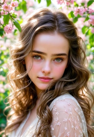  Raw, photorealistic, real, perfect skin, realistic photo of a 16-year-old girl with an extremely innocent face, divine eyes, resembling Jennifer Connelly and Ana de Armas, smooth hair, brown  tresses,   shy, embodying a gentle love goddess,   wearing full covered blouse,  l in a garden, morning, cheerful, smiling, happy, surrounded by flowers &  fairy lights, looking up, a phenomenal image of sharp, perfect quality,   captured in beautyniji style.,Photorealistic,Beautiful woman 