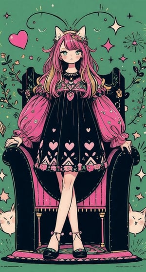 A kawaii lady, adorned with pastel pink accessories and a subtle gothic flair, sits elegantly on a velvet-covered throne. Soft, pink casts a warm glow, highlighting intricate on her pink black dress, while dark.,cartoon,green theme