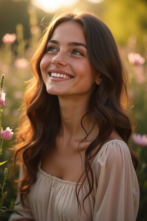  Raw, photorealistic, real, perfect skin, realistic photo of a 18-year-old girl with an extremely innocent face, divine eyes, resembling  Ana de Armas, smooth hair, brown  tresses,   shy, embodying a gentle love goddess,   wearing full covered christian blouse,  l in a garden, morning, cheerful, smiling, happy, surrounded by flowers &  fairy lights, looking up, a phenomenal image of sharp, perfect quality,   captured in beautyniji style.,Photorealistic,Beautiful woman,s_light,intense light,dramatic shadows