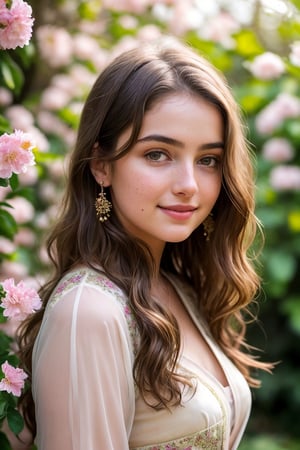  Raw, photorealistic, real, perfect skin, realistic photo of a 18-year-old girl with an extremely innocent face, divine eyes, resembling  Ana de Armas, smooth hair, brown  tresses,   shy, embodying a gentle love goddess,   wearing full covered indian blouse,   in a garden, morning, cheerful, smiling, happy, surrounded by flowers &  fairy lights, looking up, a phenomenal image of sharp, perfect quality,   captured in beautyniji style.,Photorealistic, Beautiful woman,s_light, soft light from top