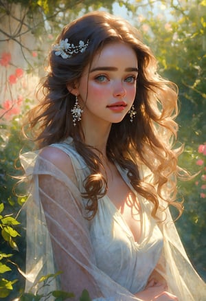  Raw, photorealistic, real, perfect skin, realistic photo of a 18-year-old girl with an extremely innocent face, divine eyes, resembling Jennifer Connelly and Ana de Armas, smooth hair, brown  tresses,   shy, embodying a gentle love goddess,   wearing full covered blouse,  l in a garden, morning, cheerful, smiling, happy, surrounded by flowers &  fairy lights, looking up, a phenomenal image of sharp, perfect quality,   captured in beautyniji style.,Photorealistic,Beautiful woman 