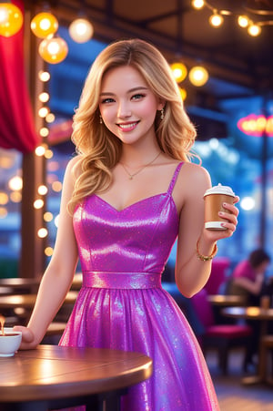 A beautiful fashion model smiling, sipping coffee in a cozy coffee shop, vibrant ambience, lively atmosphere, adorned with fairy lights and candles, captured by an award-winning photographer in 8k resolution.