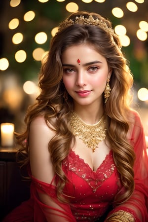 (((full body view:1.2))), stunningly beautiful "bollywood" (((extremely innocent face ))), wild hair, ((best quality)), ((masterpiece)), (detailed), ana de armas, highly detailed HDR photo, 8k quality, best quality, high resolution ultra photorealistic, high definition, highly detailed photo, photon mapping, dynamic angle, professional lighting, highly detailed face and body,expressive eyes, perfectly detailed face, smile, gorgeous face, real skin details, soft skin, looking at viewer, raw, photorealistic, real, perfect skin, real skin, realistic photo of a mid body shot, , extremely innocent face, very beautiful, cheerful, laughing, clever naughty smile, , she is wearing a loose red color gown, she smile like gentle love goddess, very long tresses, golden hair, brown hair, expressive face, divine eyes,, Wide-angle view of a pretty fashion model looking at the camera, expressing a complaint as if it's our fault, sad and thoughtful, sipping coffee in a dark, cozy coffee shop with rain outside, vibrant ambience, lively atmosphere, adorned with fairy lights and candles, captured in photorealistic detail with real skin textures, soft lighting, and presented as an absurdres masterpiece.