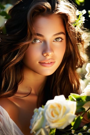  Raw, photorealistic, real, perfect skin, realistic photo of a 18-year-old girl with an extremely innocent face, divine eyes, resembling  Ana de Armas, smooth hair, brown  tresses,   shy, embodying a gentle love goddess,   wearing full covered christian blouse,  l in a garden, morning, cheerful, smiling, happy, surrounded by flowers &  fairy lights, looking up, a phenomenal image of sharp, perfect quality,   captured in beautyniji style.,Photorealistic,Beautiful woman,s_light,intense light,dramatic shadows