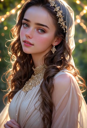  Raw, photorealistic, real, perfect skin, realistic photo of a 16-year-old girl with an extremely innocent face, divine eyes, resembling Jennifer Connelly and Ana de Armas, smooth hair, brown  tresses,   shy, embodying a gentle love goddess,   wearing full covered islamic blouse,  l in a garden, morning, cheerful, smiling, happy, surrounded by fairy lights, looking up, a phenomenal image of sharp, perfect quality,   captured in beautyniji style.,Photorealistic,Beautiful woman 