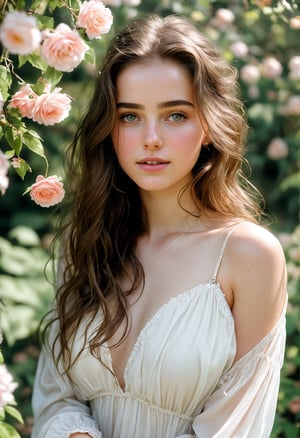  Raw, photorealistic, real, perfect skin, realistic photo of a 16-year-old girl with an extremely innocent face, divine eyes, resembling Jennifer Connelly and Ana de Armas, smooth hair, brown  tresses,   shy, embodying a gentle love goddess,   wearing full covered blouse,  l in a garden, morning, cheerful, smiling, happy, surrounded by flowers &  fairy lights, looking up, a phenomenal image of sharp, perfect quality,   captured in beautyniji style.,Photorealistic,Beautiful woman 