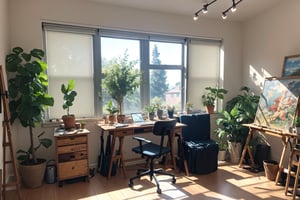  A studio for an artist who is working on fineart paintings on easel, a creative desk, laptop, ipad. lap. lights, plants, window blinds