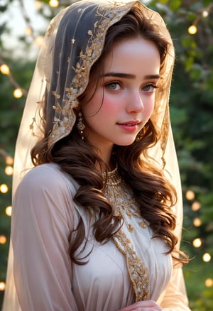  Raw, photorealistic, real, perfect skin, realistic photo of a 16-year-old girl with an extremely innocent face, divine eyes, resembling Jennifer Connelly and Ana de Armas, smooth hair, brown  tresses,   shy, embodying a gentle love goddess,   wearing full covered islamic blouse,  l in a garden, morning, cheerful, smiling, happy, surrounded by fairy lights, looking up, a phenomenal image of sharp, perfect quality,   captured in beautyniji style.,Photorealistic,Beautiful woman 