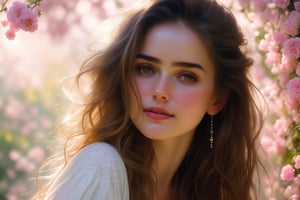  Raw, photorealistic, real, perfect skin, realistic photo of a 18-year-old girl with an extremely innocent face, divine eyes, resembling Jennifer Connelly and Ana de Armas, smooth hair, brown  tresses,   shy, embodying a gentle love goddess,   wearing full covered blouse,  l in a garden, morning, cheerful, smiling, happy, surrounded by flowers &  fairy lights, looking up, a phenomenal image of sharp, perfect quality,   captured in beautyniji style.,Photorealistic,Beautiful woman,s_light,intense light,dramatic shadows