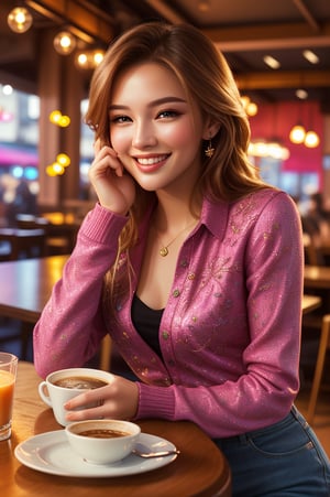 Close-up of a beautiful fashion model's face, smiling while sipping coffee in a cozy coffee shop, vibrant ambience, lively atmosphere, adorned with fairy lights and candles, captured by an award-winning photographer in 8k resolution.