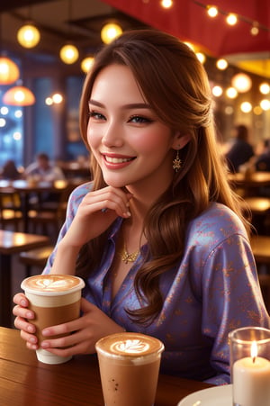 Close-up of a beautiful fashion model's face, smiling while sipping coffee in a cozy coffee shop, vibrant ambience, lively atmosphere, adorned with fairy lights and candles, captured by an award-winning photographer in 8k resolution.