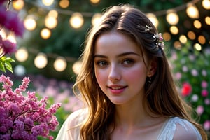  Raw, photorealistic, real, perfect skin, realistic photo of a 18-year-old girl with an extremely innocent face, divine eyes, resembling  Ana de Armas, smooth hair, brown  tresses,   shy, embodying a gentle love goddess,   wearing full covered christian blouse,  l in a garden, morning, cheerful, smiling, happy, surrounded by flowers &  fairy lights, looking up, a phenomenal image of sharp, perfect quality,   captured in beautyniji style.,Photorealistic,Beautiful woman,s_light,intense light,dramatic shadows