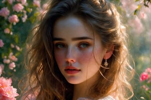  Raw, photorealistic, real, perfect skin, realistic photo of a 18-year-old girl with an extremely innocent face, divine eyes, resembling Jennifer Connelly and Ana de Armas, smooth hair, brown  tresses,   shy, embodying a gentle love goddess,   wearing full covered blouse,  l in a garden, morning, cheerful, smiling, happy, surrounded by flowers &  fairy lights, looking up, a phenomenal image of sharp, perfect quality,   captured in beautyniji style.,Photorealistic,Beautiful woman,s_light,intense light,dramatic shadows