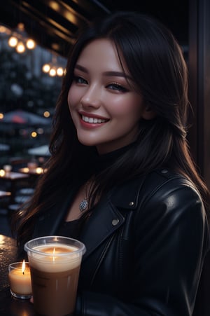 Extreme close-up of a pretty fashion model's face, smiling while sipping coffee in a dark, cozy coffee shop with rain outside, vibrant ambience, lively atmosphere, adorned with fairy lights and candles, captured by an award-winning photographer in 8k resolution.