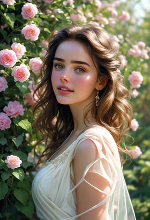  Raw, photorealistic, real, perfect skin, realistic photo of a 16-year-old girl with an extremely innocent face, divine eyes, resembling Jennifer Connelly and Ana de Armas, smooth hair, brown  tresses,   shy, embodying a gentle love goddess,   wearing full covered blouse,  l in a garden, morning, cheerful, smiling, happy, surrounded by flowers &  fairy lights, looking up, a phenomenal image of sharp, perfect quality,   captured in beautyniji style.,Photorealistic,Beautiful woman 