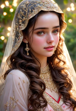  Raw, photorealistic, real, perfect skin, realistic photo of a 16-year-old girl with an extremely innocent face, divine eyes, resembling Jennifer Connelly and Ana de Armas, smooth hair, brown  tresses,   shy, embodying a gentle love goddess,   wearing full covered islamic blouse,  l in a garden, morning, cheerful, smiling, happy, surrounded by fairy lights, looking up, a phenomenal image of sharp, perfect quality,   captured in beautyniji style.,Photorealistic,Beautiful woman 