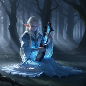 A mystical elf, ethereal and graceful, sits in a moonlit forest, playing a shimmering magic harp. The harp's strings glow with a soft, otherworldly light, casting enchanting patterns on the surrounding ancient trees. The elf's eyes are closed, lost in the melody, with long, flowing hair and delicate features illuminated by the silvery moonlight. The forest is dense, with mist swirling around the base of the trees, enhancing the magical atmosphere. The composition focuses on the elf, with the harp and forest as a beautifully lit backdrop.