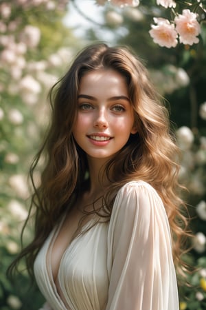  Raw, photorealistic, real, perfect skin, realistic photo of a 18-year-old girl with an extremely innocent face, divine eyes, resembling  Ana de Armas, smooth hair, brown  tresses,   shy, embodying a gentle love goddess,   wearing full covered indian blouse,   in a garden, morning, cheerful, smiling, happy, surrounded by flowers &  fairy lights, looking up, a phenomenal image of sharp, perfect quality,   captured in beautyniji style.,Photorealistic, Beautiful woman,s_light, soft light from top