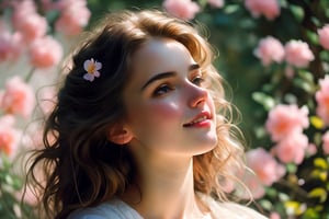  Raw, photorealistic, real, perfect skin, realistic photo of a 18-year-old girl with an extremely innocent face, divine eyes, resembling Jennifer Connelly and Ana de Armas, smooth hair, brown  tresses,   shy, embodying a gentle love goddess,   wearing full covered blouse,  l in a garden, morning, cheerful, smiling, happy, surrounded by flowers &  fairy lights, looking up, a phenomenal image of sharp, perfect quality,   captured in beautyniji style.,Photorealistic,Beautiful woman,s_light,intense light,dramatic shadows