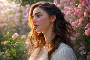  Raw, photorealistic, real, perfect skin, realistic photo of a 18-year-old girl with an extremely innocent face, divine eyes, resembling Jennifer Connelly and Ana de Armas, smooth hair, brown  tresses,   shy, embodying a gentle love goddess,   wearing full covered blouse,  l in a garden, morning, cheerful, smiling, happy, surrounded by flowers &  fairy lights, looking up, a phenomenal image of sharp, perfect quality,   captured in beautyniji style.,Photorealistic,Beautiful woman,s_light,intense light,dramatic shadows