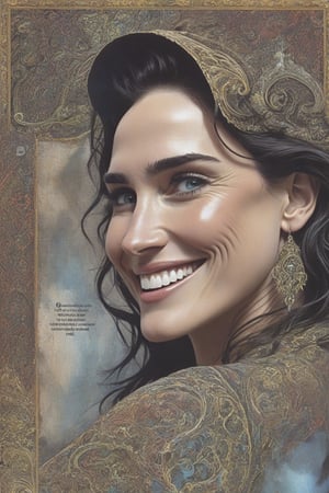 Voluptuous figure,  Jennifer connelly  smiling,  Ukraine, jonnzack_art_style, jonnzack_art_style textures, jonnzack_art_style comic page layout, jonnzack_art_style colors, jonnzack_art_style ornate intricate designs, jonnzack_art_style biomechanical, heavenly creature, jonnzack_art_style textures