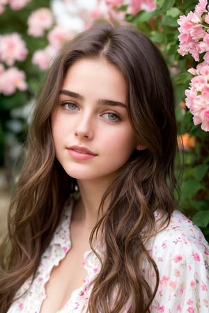   Raw, photorealistic, real, perfect skin, realistic photo of a 18-year-old girl with an extremely innocent face, divine eyes, resembling Jennifer Connelly and Ana de Armas, smooth hair, brown  tresses,   shy, embodying a gentle love goddess,   wearing full covered  blouse,  l in a garden, morning, cheerful, smiling, happy, surrounded by flowers & fairy lights, looking up, a phenomenal image of sharp, perfect quality,   captured in beautyniji style.,Photorealistic,Beautiful woman 