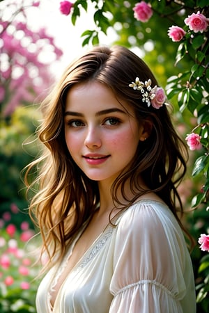  Raw, photorealistic, real, perfect skin, realistic photo of a 18-year-old girl with an extremely innocent face, divine eyes, resembling  Ana de Armas, smooth hair, brown  tresses,   shy, embodying a gentle love goddess,   wearing full covered christian blouse,  l in a garden, morning, cheerful, smiling, happy, surrounded by flowers &  fairy lights, looking up, a phenomenal image of sharp, perfect quality,   captured in beautyniji style.,Photorealistic,Beautiful woman,s_light,intense light,dramatic shadows