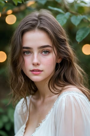   Raw, photorealistic, real, perfect skin, realistic photo of a 18-year-old girl with an extremely innocent face, divine eyes, resembling Jennifer Connelly and Ana de Armas, smooth hair, brown  tresses,   shy, embodying a gentle love goddess,   wearing full covered  blouse,  l in a garden, morning, cheerful, smiling, happy, surrounded by fairy lights, looking up, a phenomenal image of sharp, perfect quality,   captured in beautyniji style.,Photorealistic,Beautiful woman 