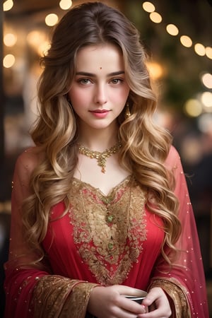 (((full body view:1.2))), stunningly beautiful "kashmiri" (((extremely innocent face ))), wild hair, ((best quality)), ((masterpiece)), (detailed), ana de armas, highly detailed HDR photo, 8k quality, best quality, high resolution ultra photorealistic, high definition, highly detailed photo, photon mapping, dynamic angle, professional lighting, highly detailed face and body,expressive eyes, perfectly detailed face, smile, gorgeous face, real skin details, soft skin, looking at viewer, raw, photorealistic, real, perfect skin, real skin, realistic photo of a mid body shot, , extremely innocent face, very beautiful, cheerful, laughing, clever naughty smile, , she is wearing a loose red color gown, she smile like gentle love goddess, very long tresses, golden hair, brown hair, expressive face, divine eyes,, Wide-angle view of a pretty fashion model looking at the camera, expressing a complaint as if it's our fault, sad and thoughtful, sipping coffee in a dark, cozy coffee shop with rain outside, vibrant ambience, lively atmosphere, adorned with fairy lights and candles, captured in photorealistic detail with real skin textures, soft lighting, and presented as an absurdres masterpiece.