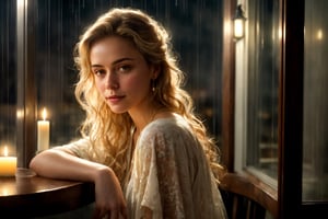 Here is the prompt:

A stunningly beautiful Hispanic woman, Sarah, sits in a cozy coffee shop amidst a rain-soaked evening. She gazes directly at the camera, her divine eyes sparkling with a hint of complaint, as if it's our fault she's unhappy. Her golden blonde hair cascades down her back like a waterfall, perfectly framing her expressive face. She holds a rose in her hand, its petals gently unfolding as she smiles with a gentle love goddess charm. The atmosphere is warm and inviting, lit by fairy lights and candles that cast a soft glow. In the background, raindrops pelt against the windows, creating a soothing melody. This photorealistic masterpiece is captured in 8K quality, with highly detailed textures and photon mapping that makes it feel like a real-life moment.