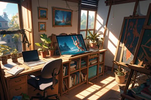  A studio for an artist who is working on fineart paintings on easel, a creative desk, laptop, ipad. lap. lights, plants, window blinds