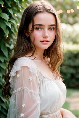   Raw, photorealistic, real, perfect skin, realistic photo of a 16-year-old girl with an extremely innocent face, divine eyes, resembling Jennifer Connelly and Ana de Armas, smooth hair, brown  tresses,   shy, embodying a gentle love goddess,   wearing full covered  blouse,  l in a garden, morning, cheerful, smiling, happy, surrounded by fairy lights, looking up, a phenomenal image of sharp, perfect quality,   captured in beautyniji style.,Photorealistic,Beautiful woman 