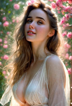  Raw, photorealistic, real, perfect skin, realistic photo of a 18-year-old girl with an extremely innocent face, divine eyes, resembling Jennifer Connelly and Ana de Armas, smooth hair, brown  tresses,   shy, embodying a gentle love goddess,   wearing full covered blouse,  l in a garden, morning, cheerful, smiling, happy, surrounded by flowers &  fairy lights, looking up, a phenomenal image of sharp, perfect quality,   captured in beautyniji style.,Photorealistic,Beautiful woman 