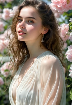  Raw, photorealistic, real, perfect skin, realistic photo of a 16-year-old girl with an extremely innocent face, divine eyes, resembling Jennifer Connelly and Ana de Armas, smooth hair, brown  tresses,   shy, embodying a gentle love goddess,   wearing full covered blouse,  l in a garden, morning, cheerful, smiling, happy, surrounded by flowers &  fairy lights, looking up, a phenomenal image of sharp, perfect quality,   captured in beautyniji style.,Photorealistic,Beautiful woman 