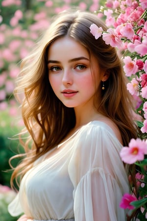  Raw, photorealistic, real, perfect skin, realistic photo of a 18-year-old girl with an extremely innocent face, divine eyes, resembling  Ana de Armas, smooth hair, brown  tresses,   shy, embodying a gentle love goddess,   wearing full covered christian blouse,  l in a garden, morning, cheerful, smiling, happy, surrounded by flowers &  fairy lights, looking up, a phenomenal image of sharp, perfect quality,   captured in beautyniji style.,Photorealistic,Beautiful woman,s_light,intense light,dramatic shadows