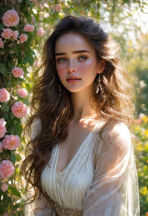  Raw, photorealistic, real, perfect skin, realistic photo of a 18-year-old girl with an extremely innocent face, divine eyes, resembling Jennifer Connelly and Ana de Armas, smooth hair, brown  tresses,   shy, embodying a gentle love goddess,   wearing full covered blouse,  l in a garden, morning, cheerful, smiling, happy, surrounded by flowers &  fairy lights, looking up, a phenomenal image of sharp, perfect quality,   captured in beautyniji style.,Photorealistic,Beautiful woman 