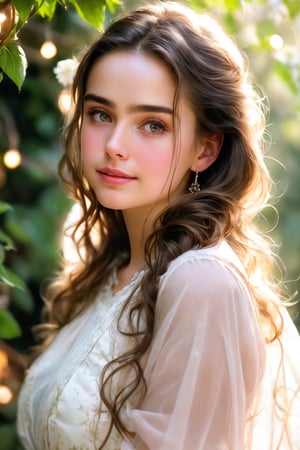   Raw, photorealistic, real, perfect skin, realistic photo of a 16-year-old girl with an extremely innocent face, divine eyes, resembling Jennifer Connelly and Ana de Armas, smooth hair, brown  tresses,   shy, embodying a gentle love goddess,   wearing full covered  blouse,  l in a garden, morning, cheerful, smiling, happy, surrounded by fairy lights, looking up, a phenomenal image of sharp, perfect quality,   captured in beautyniji style.,Photorealistic,Beautiful woman 