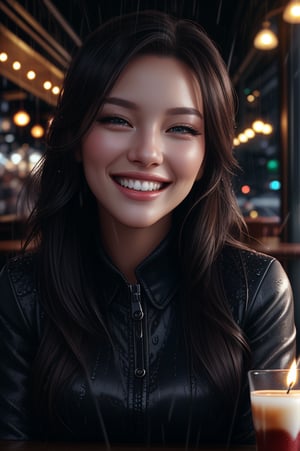 Extreme close-up of a pretty fashion model's face, smiling while sipping coffee in a dark, cozy coffee shop with rain outside, vibrant ambience, lively atmosphere, adorned with fairy lights and candles, captured by an award-winning photographer in 8k resolution.