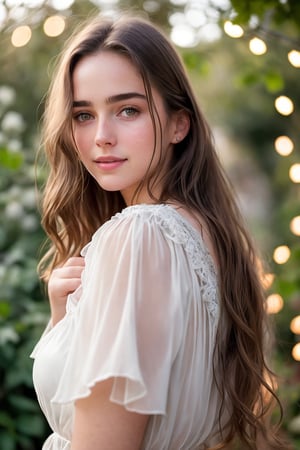   Raw, photorealistic, real, perfect skin, realistic photo of a 18-year-old girl with an extremely innocent face, divine eyes, resembling Jennifer Connelly and Ana de Armas, smooth hair, brown  tresses,   shy, embodying a gentle love goddess,   wearing full covered  blouse,  l in a garden, morning, cheerful, smiling, happy, surrounded by fairy lights, looking up, a phenomenal image of sharp, perfect quality,   captured in beautyniji style.,Photorealistic,Beautiful woman 