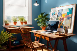  A studio for an artist who is working on fineart paintings on easel, a creative desk, laptop, ipad. lap. lights, plants, window blinds