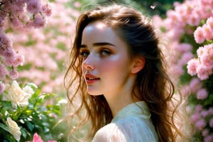  Raw, photorealistic, real, perfect skin, realistic photo of a 18-year-old girl with an extremely innocent face, divine eyes, resembling Jennifer Connelly and Ana de Armas, smooth hair, brown  tresses,   shy, embodying a gentle love goddess,   wearing full covered blouse,  l in a garden, morning, cheerful, smiling, happy, surrounded by flowers &  fairy lights, looking up, a phenomenal image of sharp, perfect quality,   captured in beautyniji style.,Photorealistic,Beautiful woman,s_light,intense light,dramatic shadows