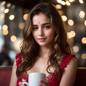 (((full body view:1.2))), stunningly beautiful "bollywood" (((extremely innocent face ))), wild hair, ((best quality)), ((masterpiece)), (detailed), ana de armas, highly detailed HDR photo, 8k quality, best quality, high resolution ultra photorealistic, high definition, highly detailed photo, photon mapping, dynamic angle, professional lighting, highly detailed face and body,expressive eyes, perfectly detailed face, smile, gorgeous face, real skin details, soft skin, looking at viewer, raw, photorealistic, real, perfect skin, real skin, realistic photo of a mid body shot, , extremely innocent face, very beautiful, cheerful, laughing, clever naughty smile, , she is wearing a loose red color gown, she smile like gentle love goddess, very long tresses, golden hair, brown hair, expressive face, divine eyes,, Wide-angle view of a pretty fashion model looking at the camera, expressing a complaint as if it's our fault, sad and thoughtful, sipping coffee in a dark, cozy coffee shop with rain outside, vibrant ambience, lively atmosphere, adorned with fairy lights and candles, captured in photorealistic detail with real skin textures, soft lighting, and presented as an absurdres masterpiece.