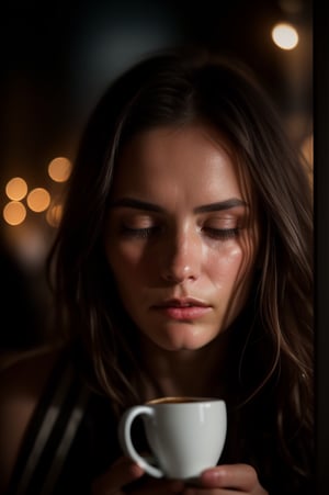 Extreme close-up of a pretty fashion model's face, sad and thoughtful, deep in thought while sipping coffee in a dark, cozy coffee shop with rain outside, vibrant ambience, lively atmosphere, adorned with fairy lights and candles, captured by an award-winning photographer in 8k resolution.